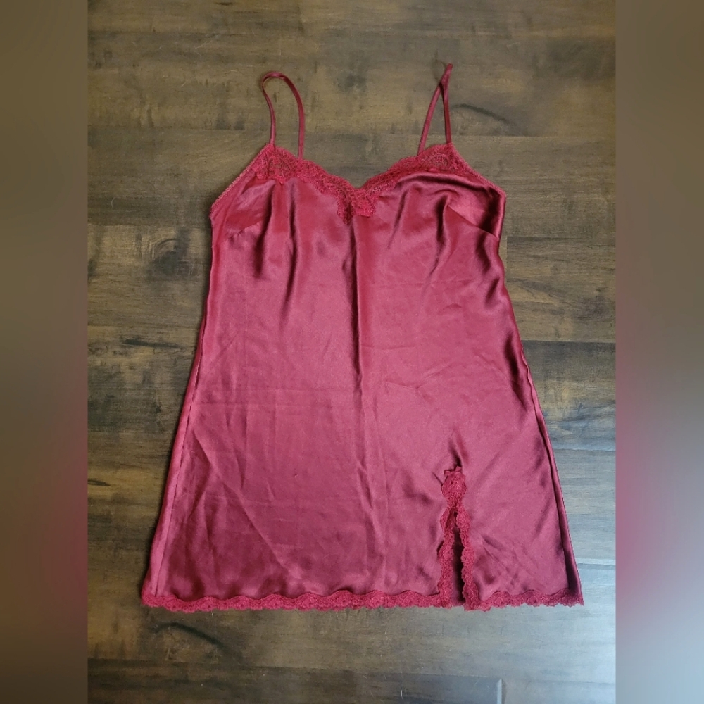 Victoria's Secret Red Satin Lace Trim Slip Dress Nightie Chemise Lingerie Large
